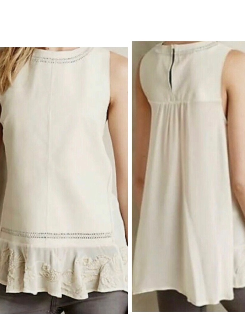 Anthropologie Leifsdottir Beige Embroidered Leather and Chiffon Sleeveless Tunic